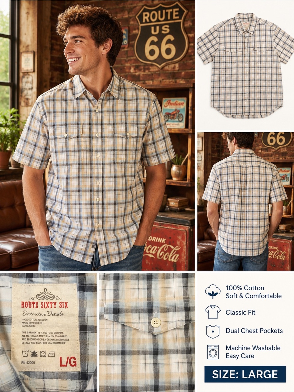 Route 66 Men's Large NWOT Plaid Short Sleeve Button Down Shirt 100% Cotton